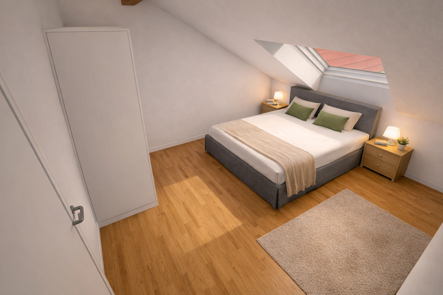 Schlafzimmer mit Doppelbett, Nachttischen, Lampe, Dachfenster, Holzfußboden, Kleiderschrank und Teppich.