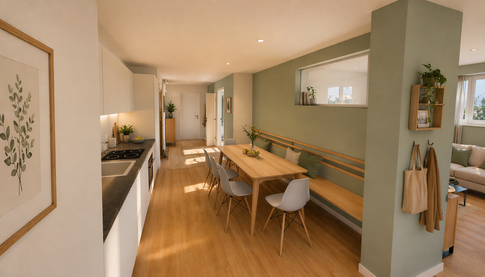 Helles Wohnzimmer mit Essbereich, grün gestrachte Wand, Holzboden, Fenster, gemütliche Sitzsofa, und Dekorationsgegenständen wie Pflanzen und Bildern.