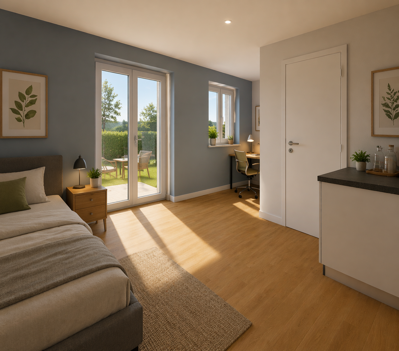 Zimmer in vier Personen Wohngemeinschaft. Innenraum eines modernen Schlafzimmers mit Holzboden, offener Tür zum Garten, Bett, Nachttisch mit Lampe, Wandschmuck mit grünem Blattmotiv, Schreibtisch mit Stuhl, Pflanzen und natürlichem Licht.