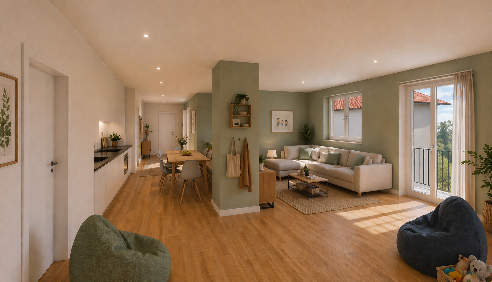 Helles Wohnzimmer mit offener Küche, Bett im Hintergrund, bequemen Sitzsäcken, Pflanzen, großen Fenstern und Balkon