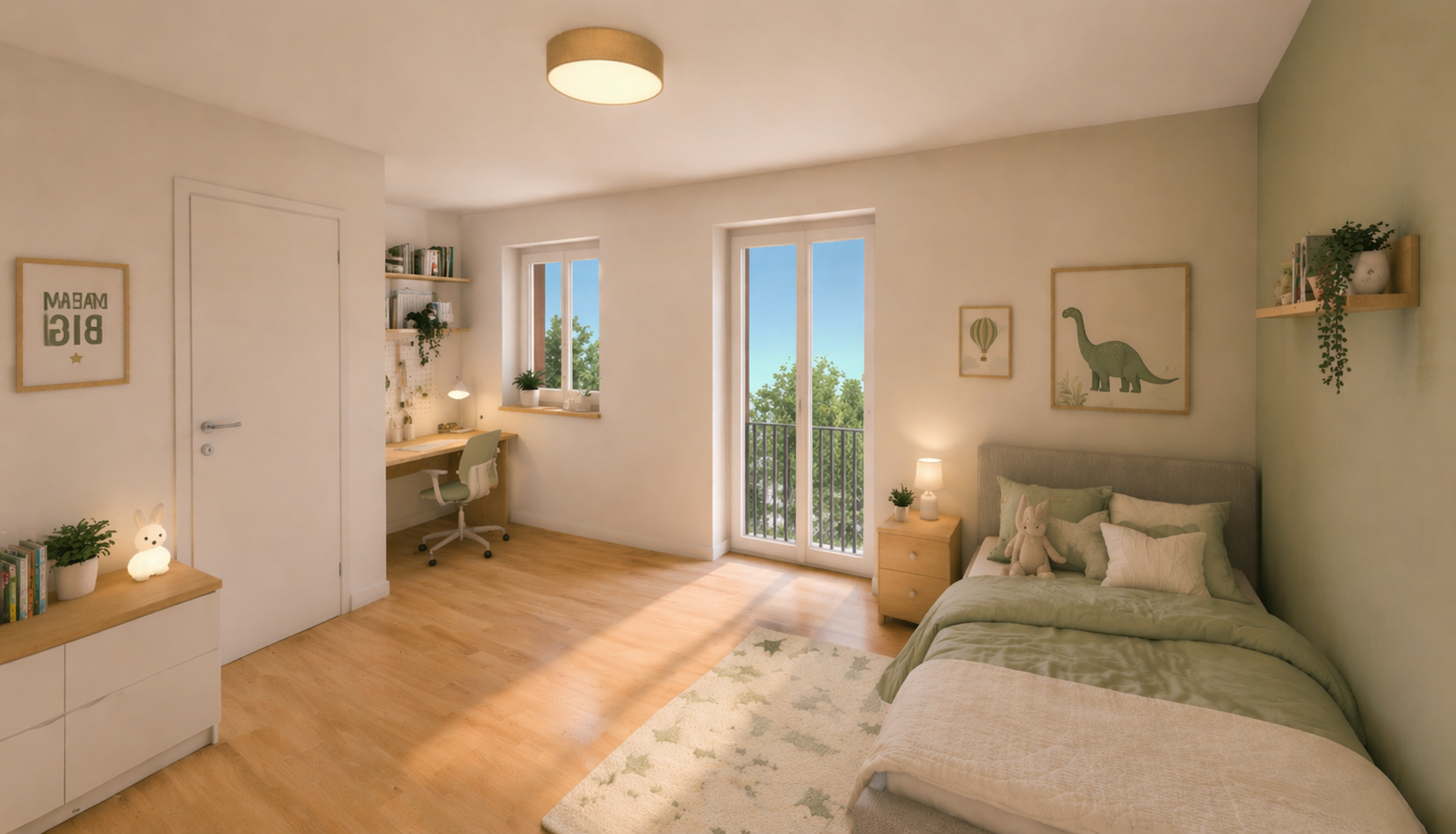 Ein modernes, helles Schlafzimmer mit Holzfußboden, einem Doppelbett mit Teddybären und Kissen, einem Nachttisch mit Lampe, Wandbildern mit Dinosaurier- und Tiermotiven, einem kleinen Schreibtisch mit Stuhl und Pflanzen, einem Balkon mit Sicht auf Bä