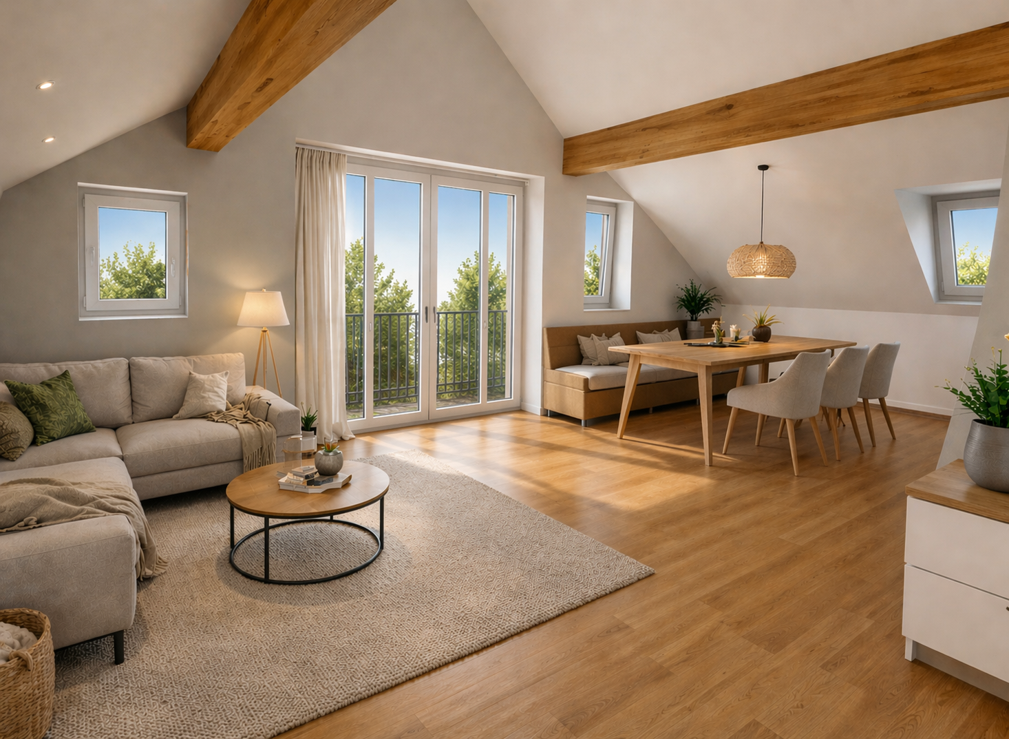 Geräumiges Wohnzimmer mit beige Sofas, Couchtisch, Holzdielen, großen Fenstern, Balkon, Esstisch mit Stühlen, Pflanzen und moderner Dekoration.