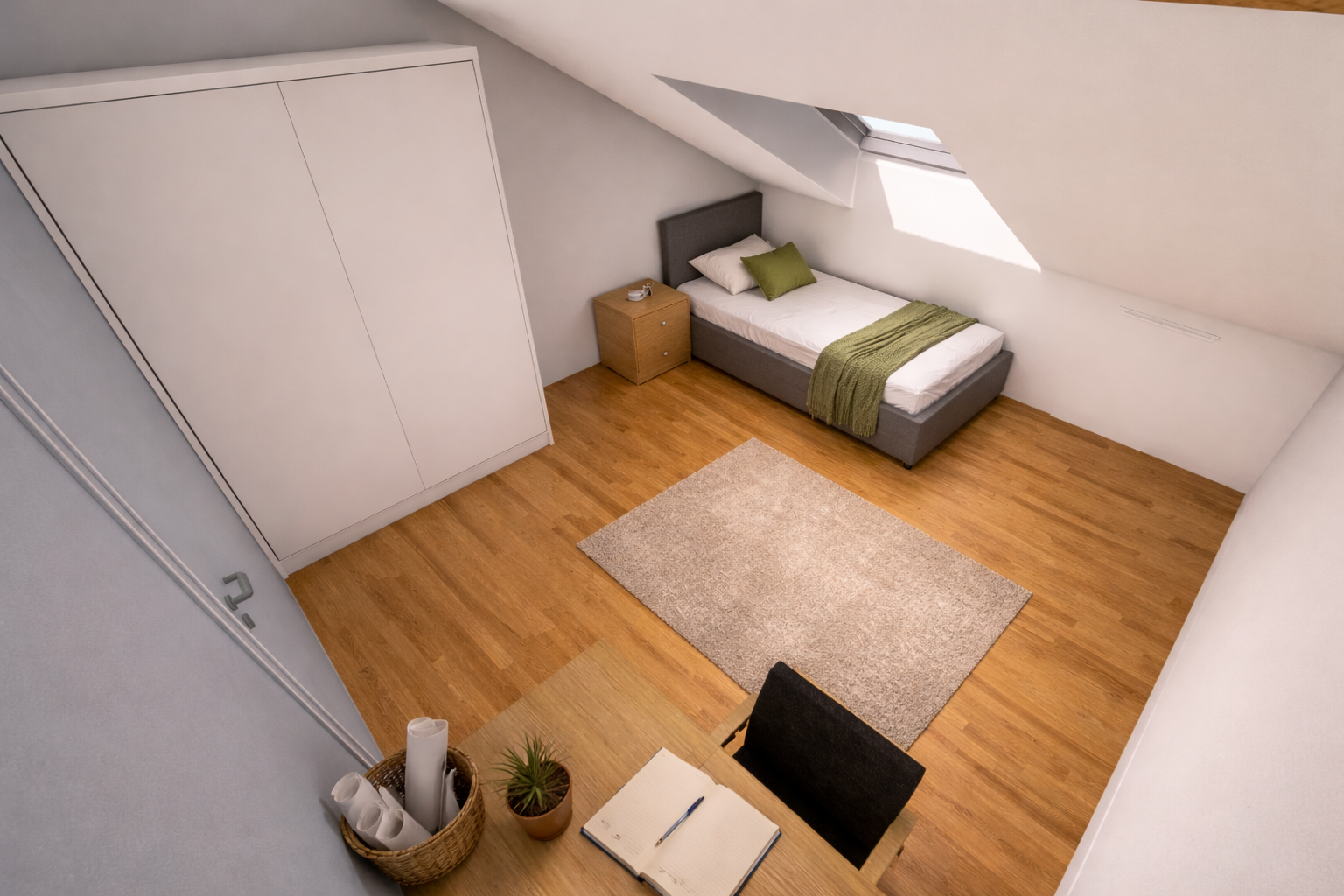 Ein Schlafzimmer mit einem Einzelbett, einem kleinen Nachttisch, einem weißen Schrank und einem Teppich auf Holzboden, mit einem Schreibtisch im Vordergrund.