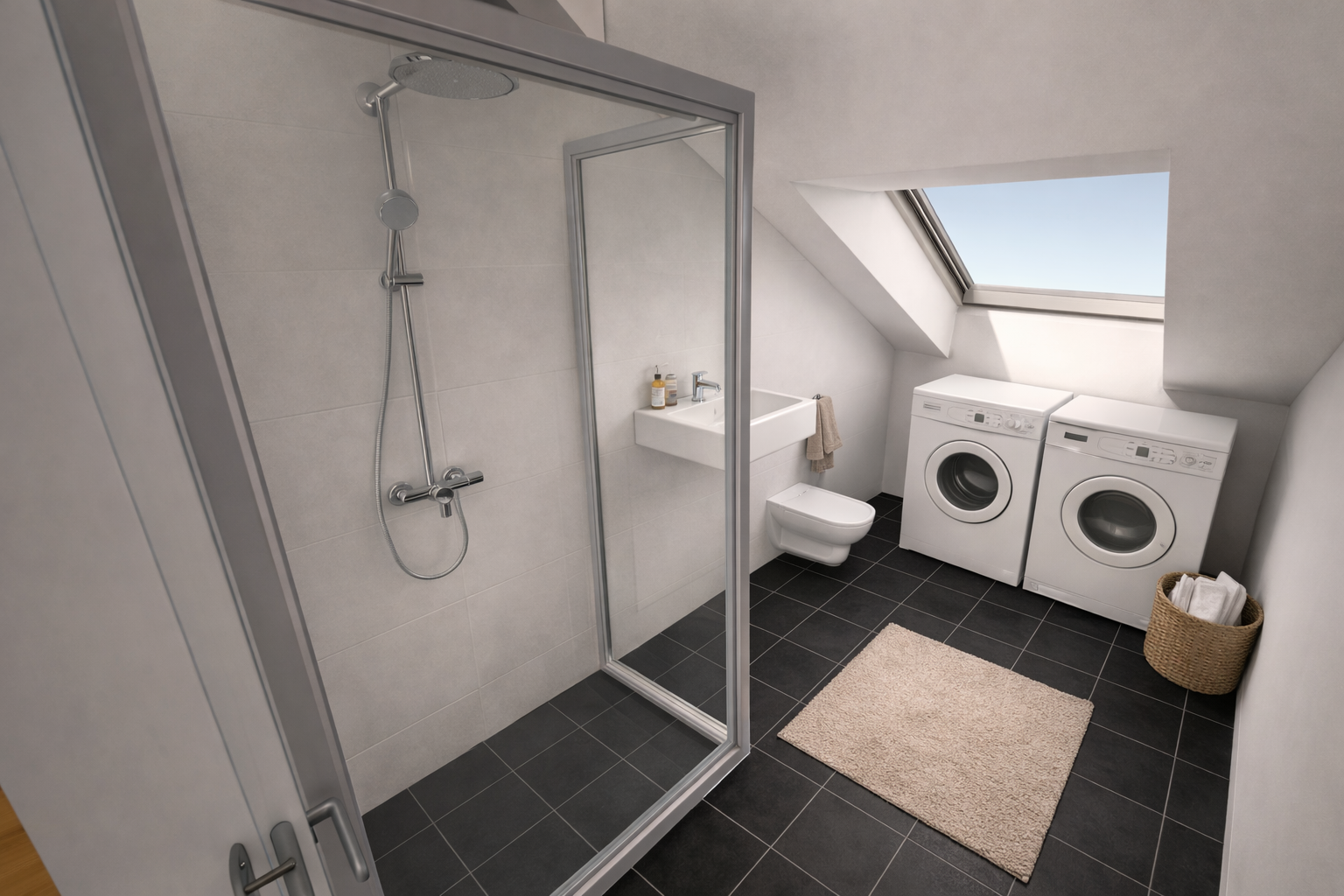 Ein modernes Badezimmer mit Dusche, Waschbecken, Toilette, Waschmaschine, Trockner, Waschkorb und Fenster