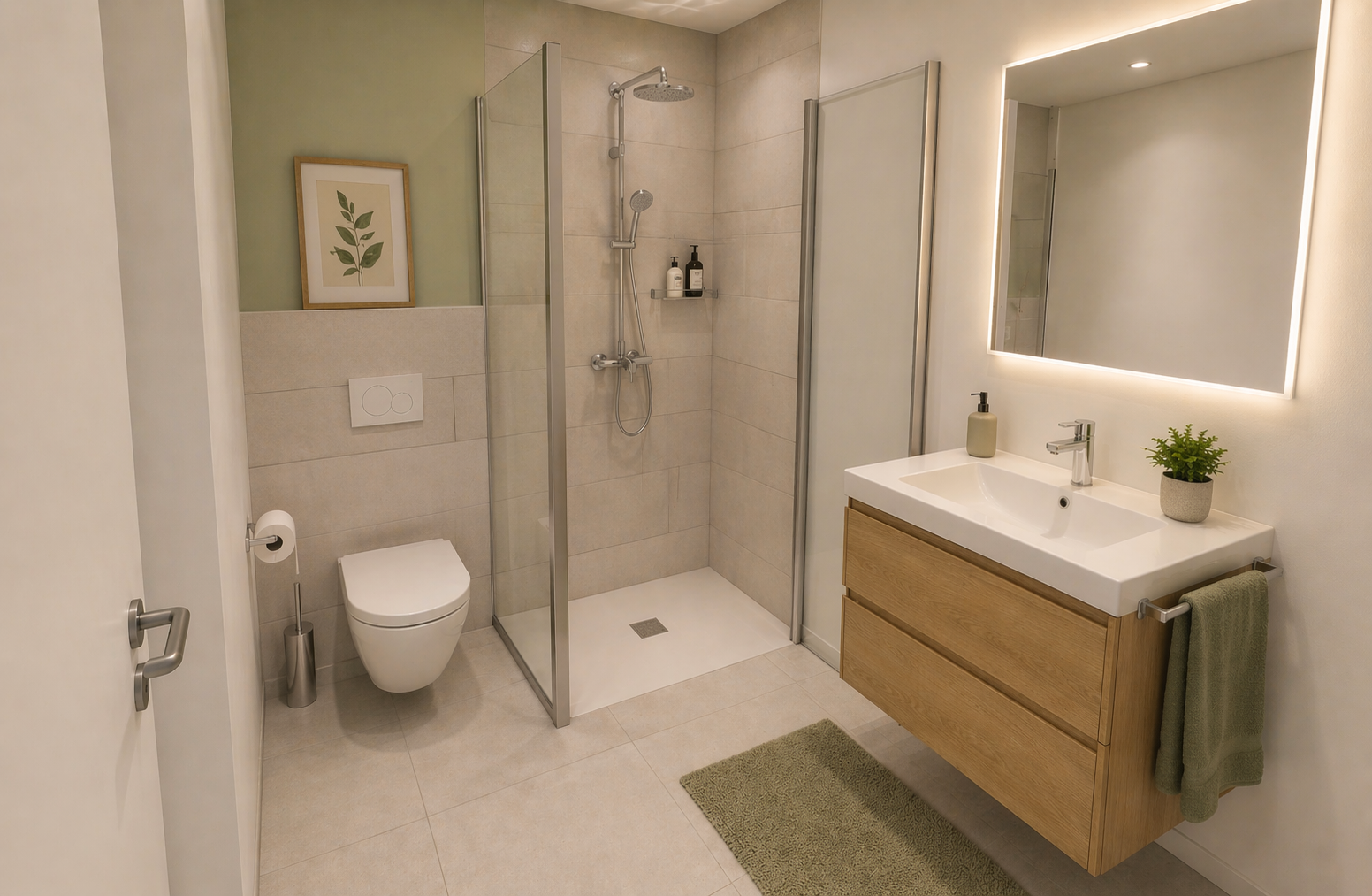 Modernes Badezimmer mit Dusche, Toilette, Spiegel mit Beleuchtung, Waschbecken im Holz-Unterschrank, grüner Handtuch, Pflanze und Dekoration.