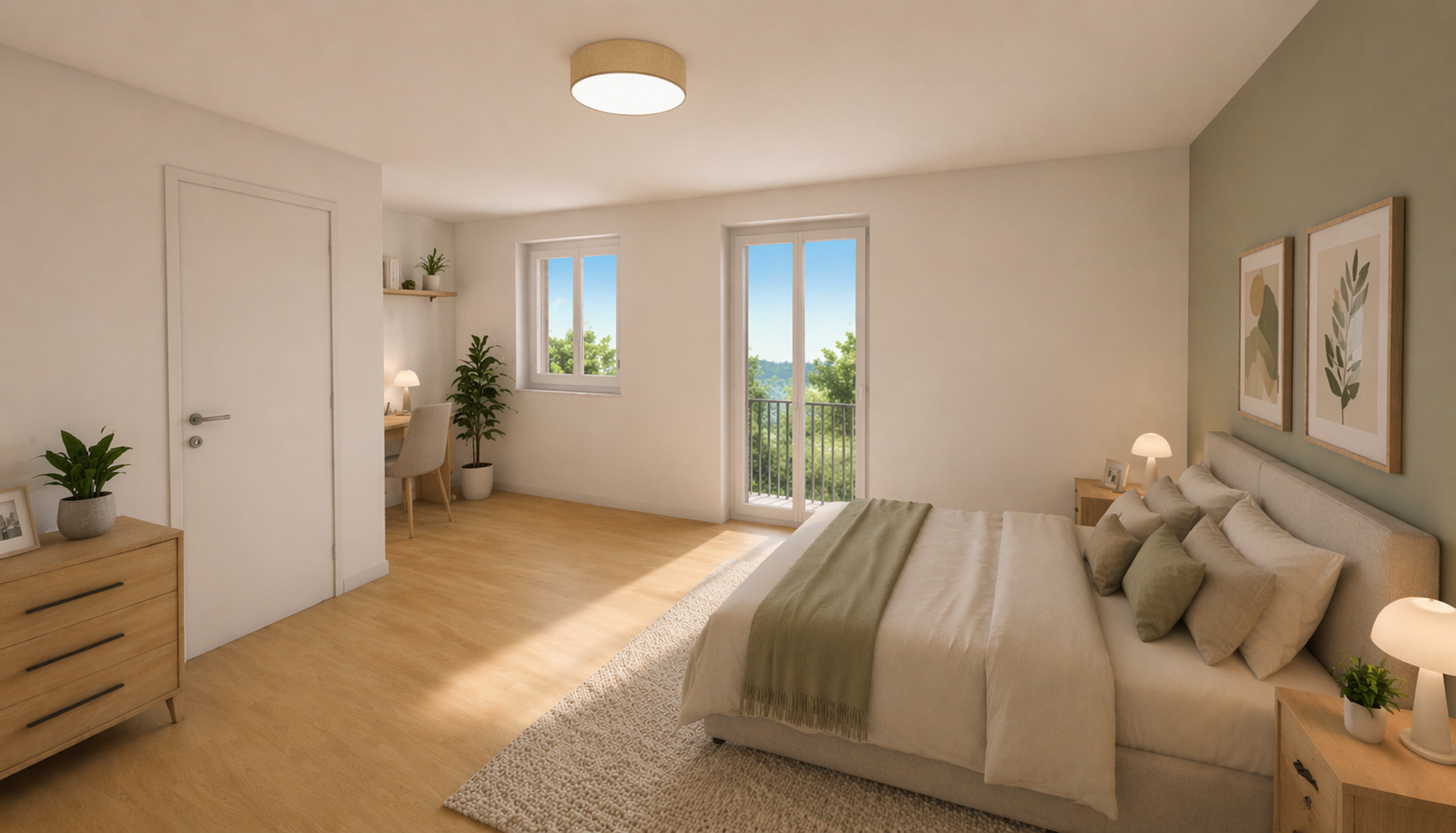 Ein modernes, helles Schlafzimmer mit einem großen Bett, Nachttischen, Lampen, Wandkunst, Pflanzen, einem Schreibtisch und einem Balkon mit Blick auf grüne Natur.