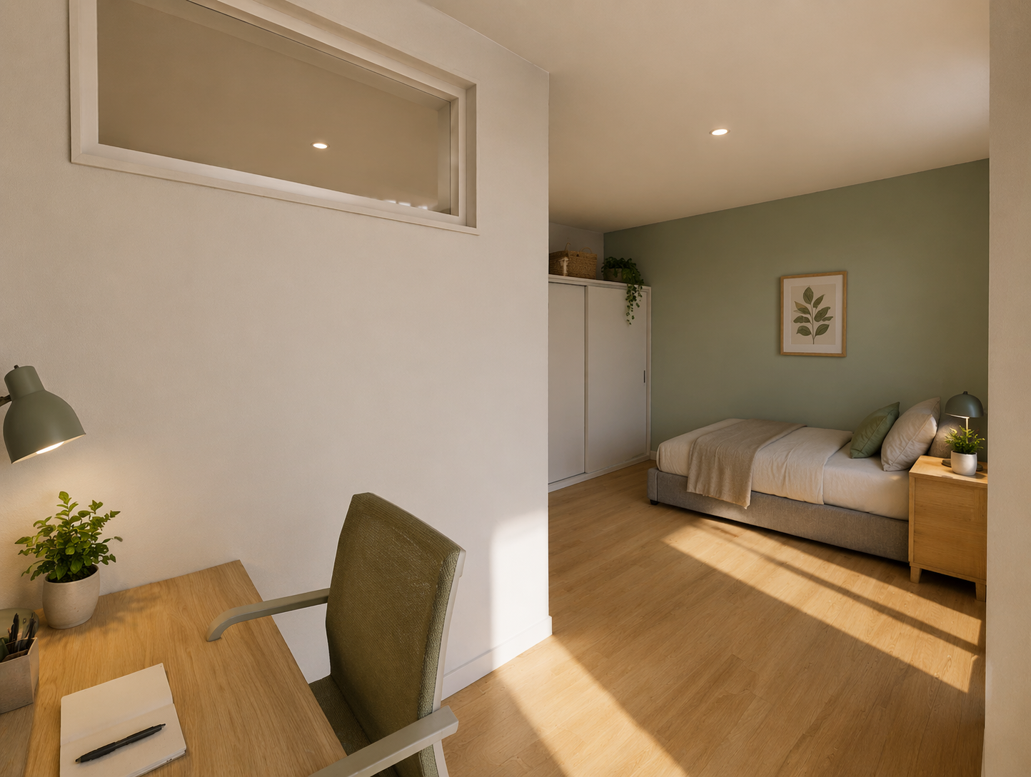 Ein Blick in ein modernes, minimalistisch eingerichtetes Schlafzimmer mit einem Bett, einem Nachttisch, einer weißen Garderobe, Pflanzen und einer Wanddekoration. Im Vordergrund befindet sich ein Schreibtisch mit einem Stuhl, einer Lampe, Pflanzen un