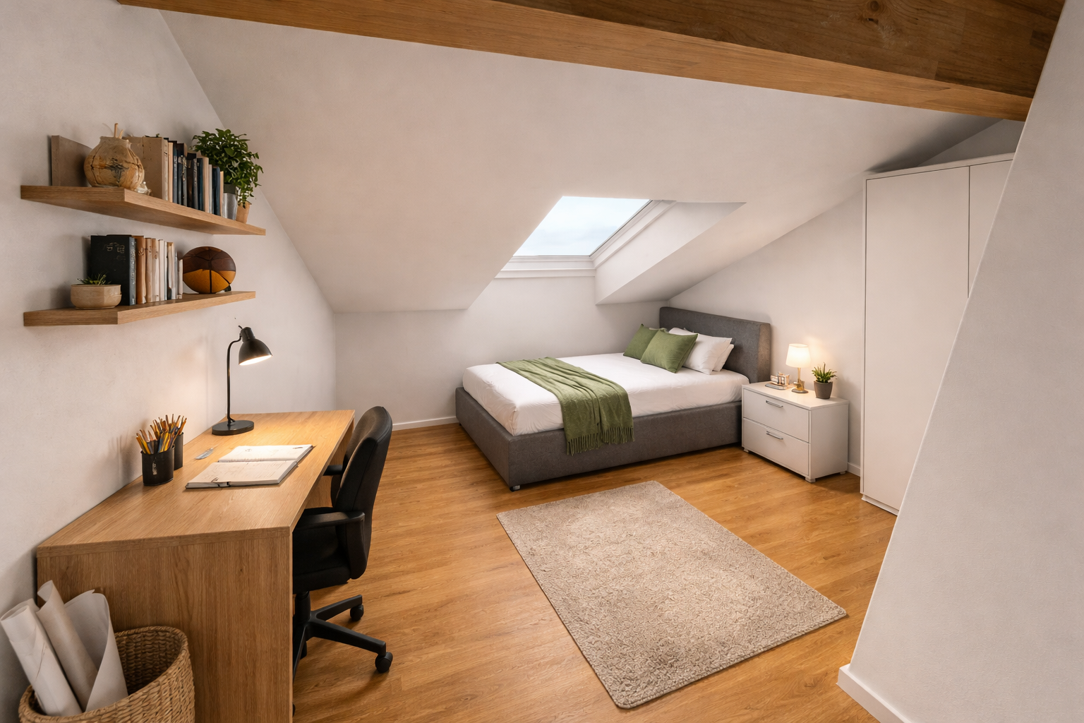 Schlafzimmer mit Bett unter Dachschräge, Schreibtisch mit Lampe und Stuhl, Regale mit Büchern und Dekorationsobjekten, Nachttisch mit Lampe und Pflanze, Teppich auf Holzboden, große Dachfenster mit Himmel