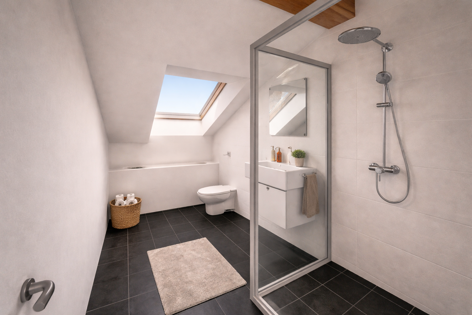 Modernes Badezimmer mit Dachfenster, Badewanne, Dusche, WC und Waschtisch, neutrale Farbgestaltung, Handtuch, Seifenspender, Pflanzen im Bad, Wollte