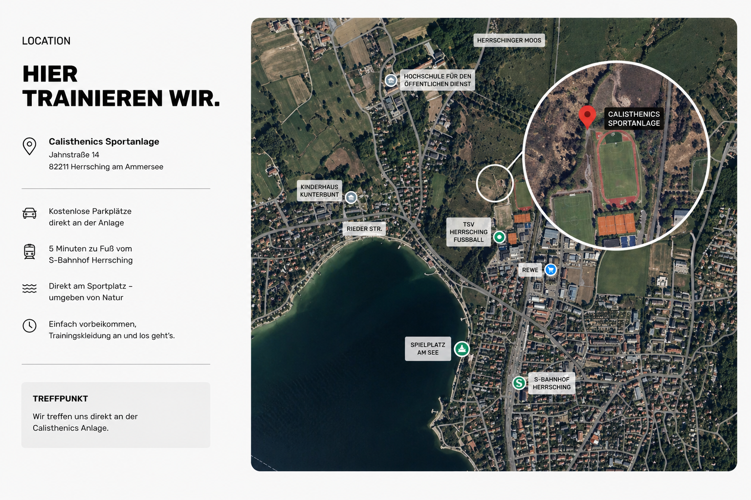 Karte zeigt den Standort des Calisthenics-Sportplatzes in Herrsching am Ammersee mit markierten Punkten für Parkplatz, Bushaltestelle, Spielplatz, Fußballplatz, Einkaufsmöglichkeiten, Kinderhaus, und Treffpunkt. Der Sportplatz befindet sich im Nordosten der Karte, umgeben von Natur.