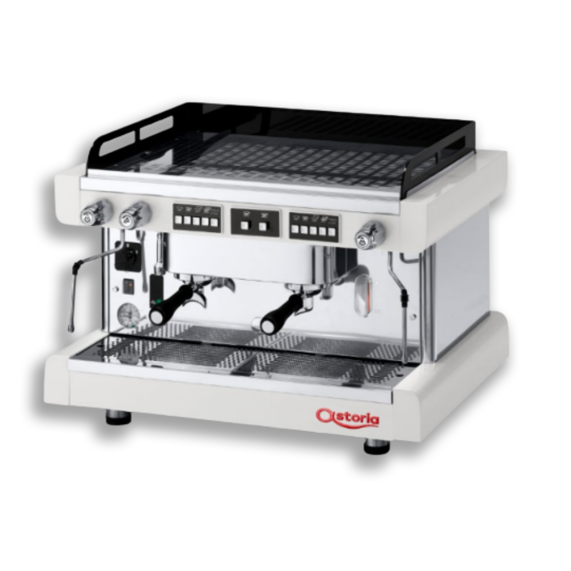 A white commercial espresso machine with black portafilter and control knobs.