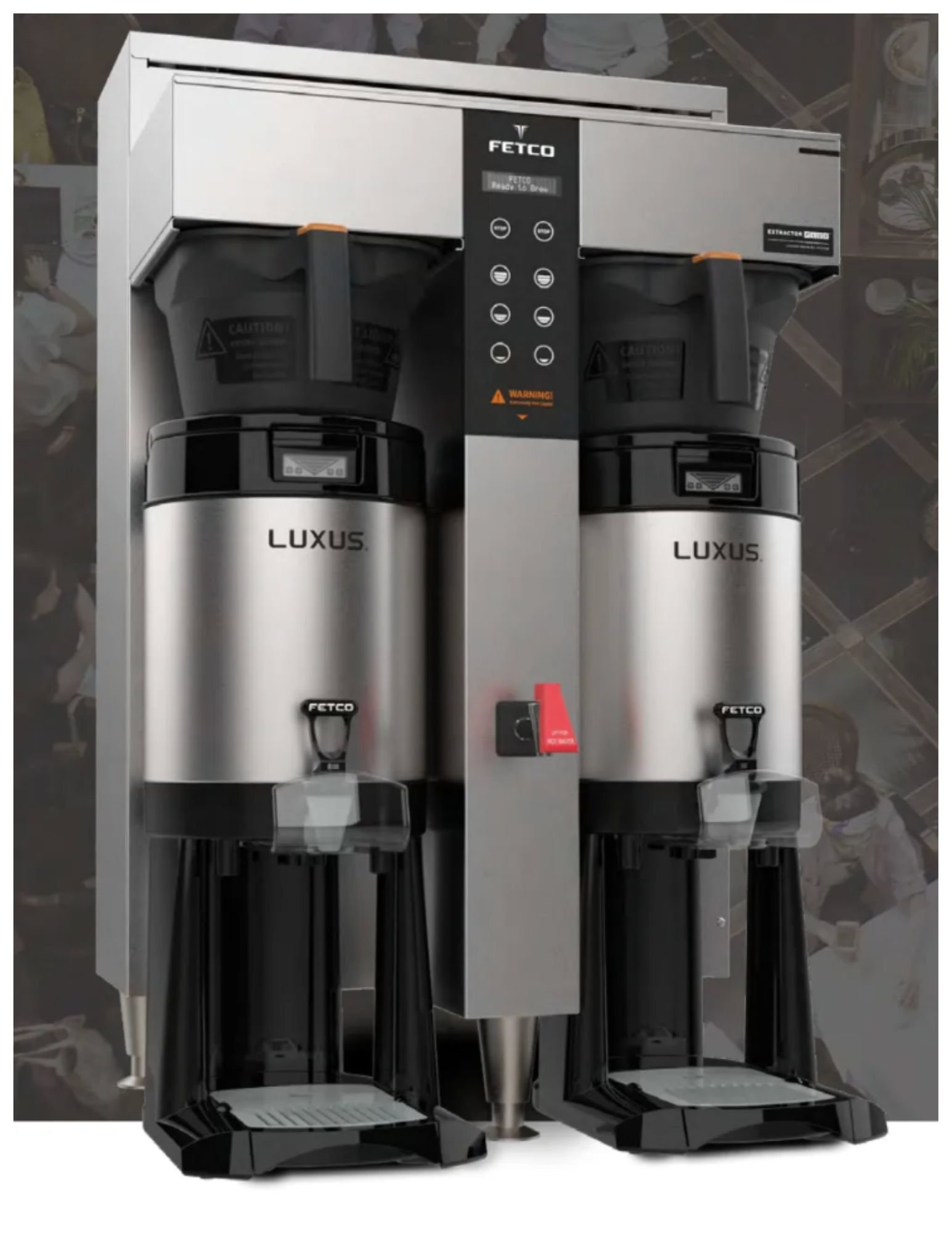 Commercial coffee vending machine with two coffee dispensers, digital control panel, and black and silver design.