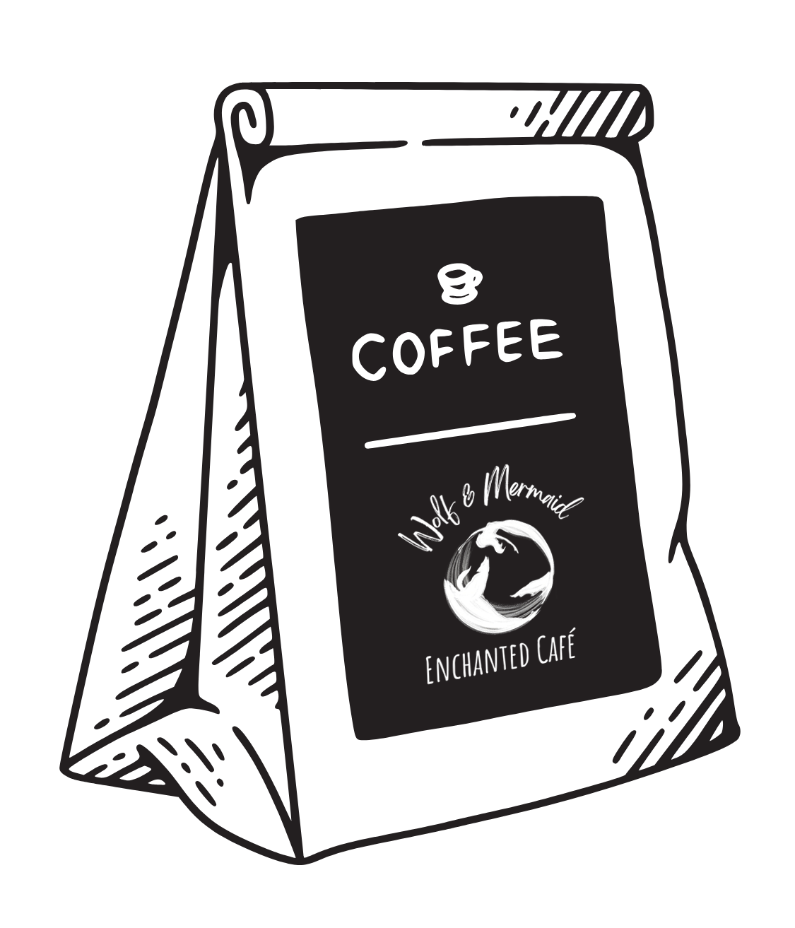 Black and white illustration of a coffee bag with a label reading 'Wolf & Mermaid Enchanted Café'.