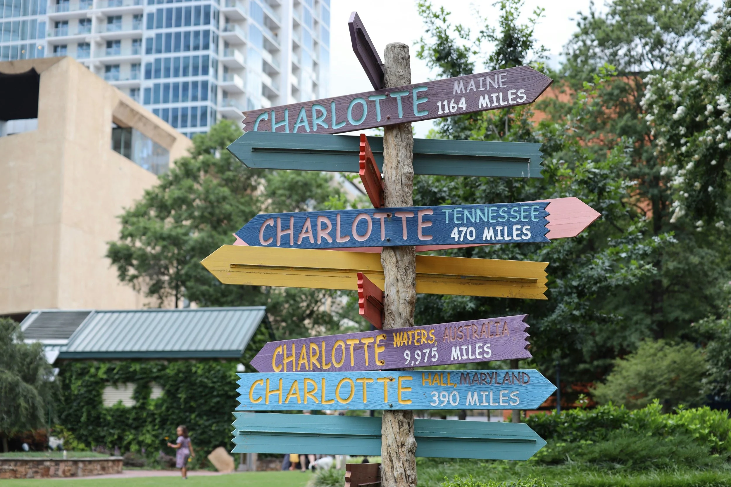 Colorful directional signs attached to a wooden pole in a park, indicating distances to various locations such as Charlotte, Maine, Tennessee, Australia, and Maryland, with buildings and trees in the background.