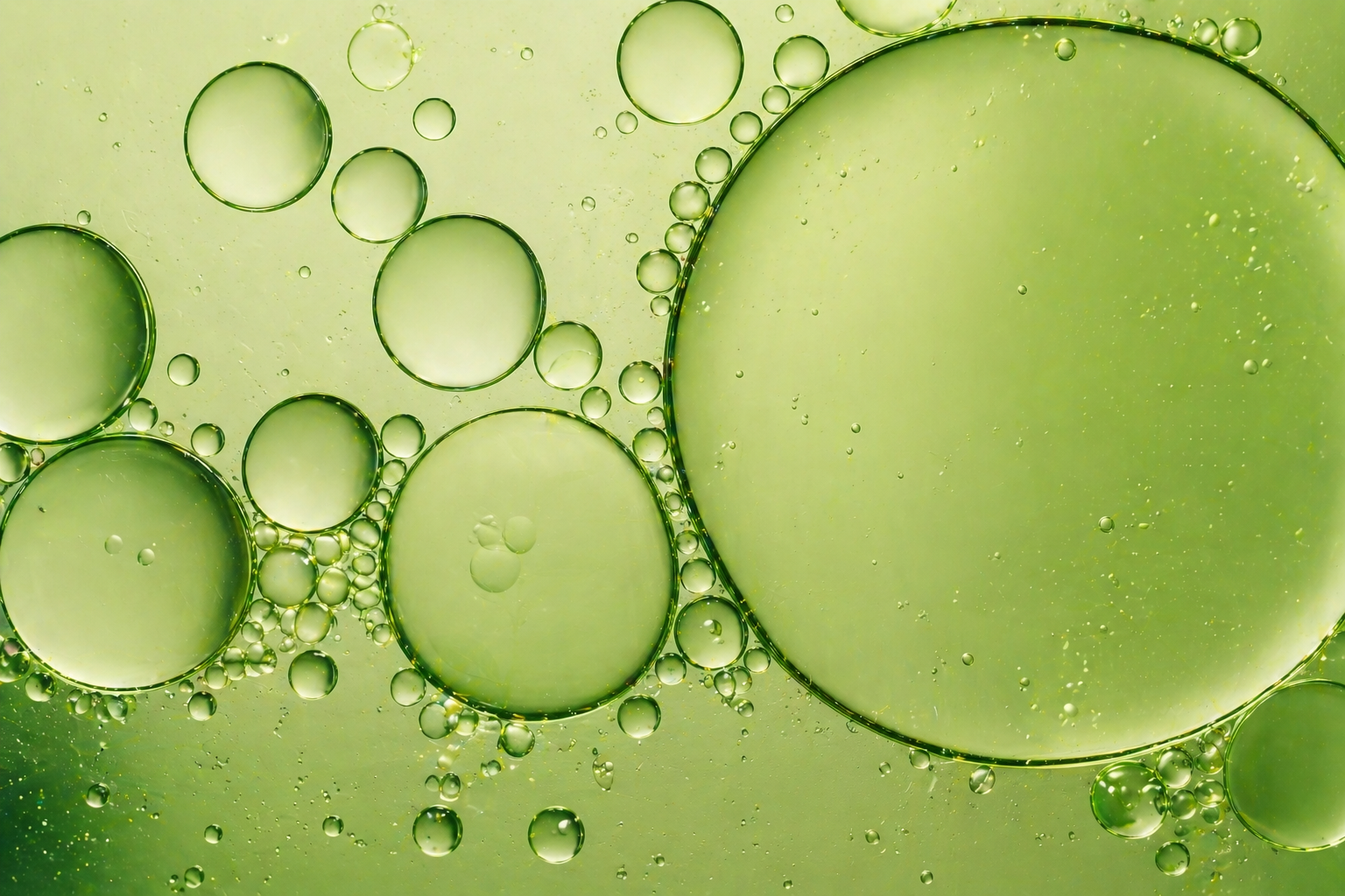 Close-up of green oil droplets and bubbles suspended in a liquid.
