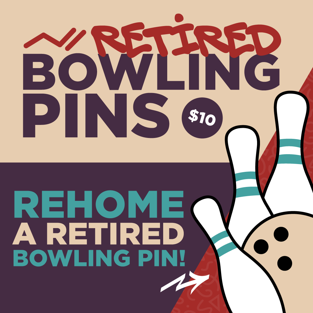 An advertisement for retired bowling pins reformed as a retired bowling pin with a bowling ball in a cartoon style.