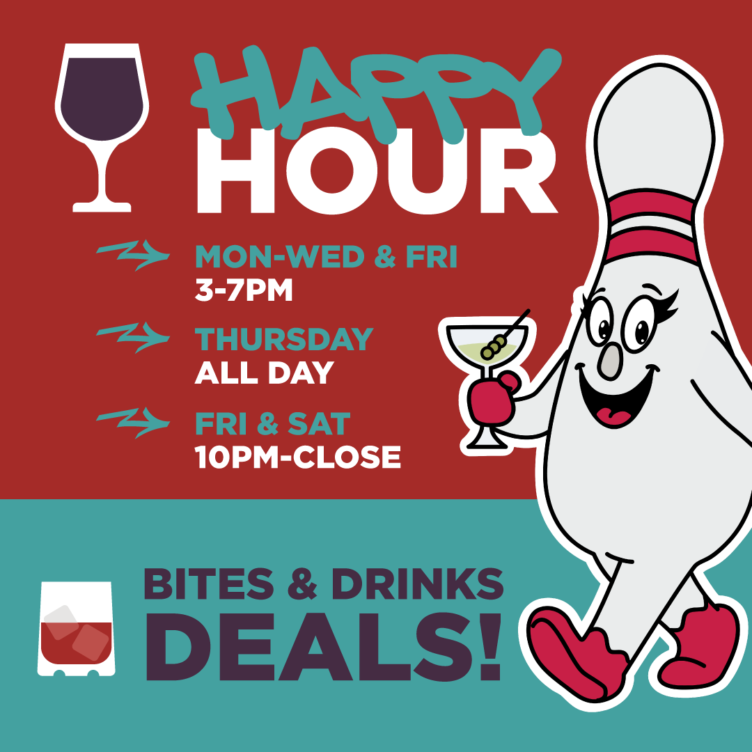 A colorful promotional poster for a happy hour event featuring a cartoon character of a cheerful, anthropomorphic ketchup bottle holding a martini glass. The poster lists happy hour times and days, and mentions bites and drinks deals.