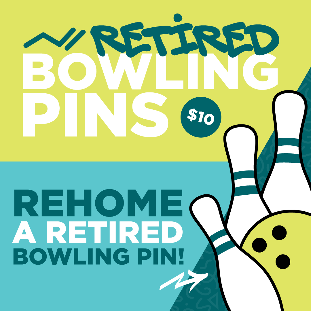 Advertisement for retired bowling pins rehome for $10, featuring a drawing of a bowling pin with a ball hit and fallen pin, with green and blue background and bold text.