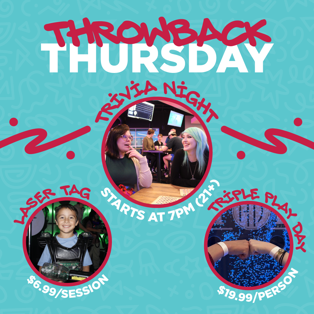 A colorful flyer for a Thursday night game event featuring laser tag, a trivia game, and a triple play day with images of people playing laser tag, a trivia game, and a hand sign. The event starts at 7 PM and costs $6.99 per laser tag session and $19.99 per person for triple play.