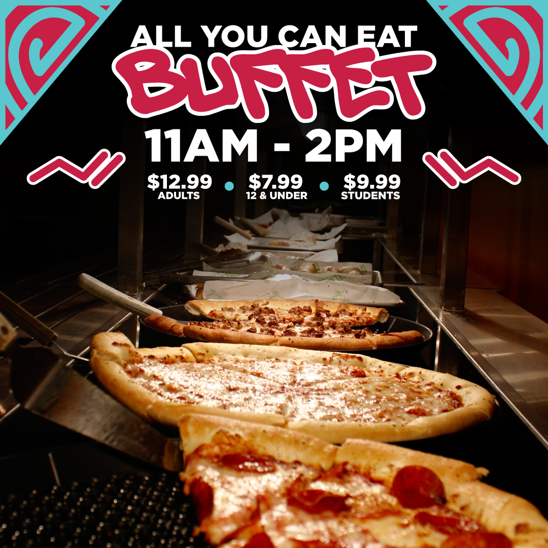 Pizza slices in a buffet line with a sign overhead that reads "All You Can Eat Buffet 11AM - 2PM," with prices listed for adults, children, and students, displayed on a dark background with decorative corner accents.