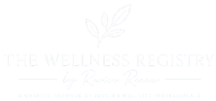 Logo for The Wellness Registry by Revine Renew, featuring a stylized plant above the text on a black background.