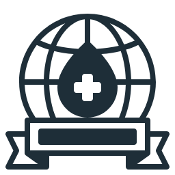 Icon of a globe with a medical cross in the center, surrounded by a ribbon banner.