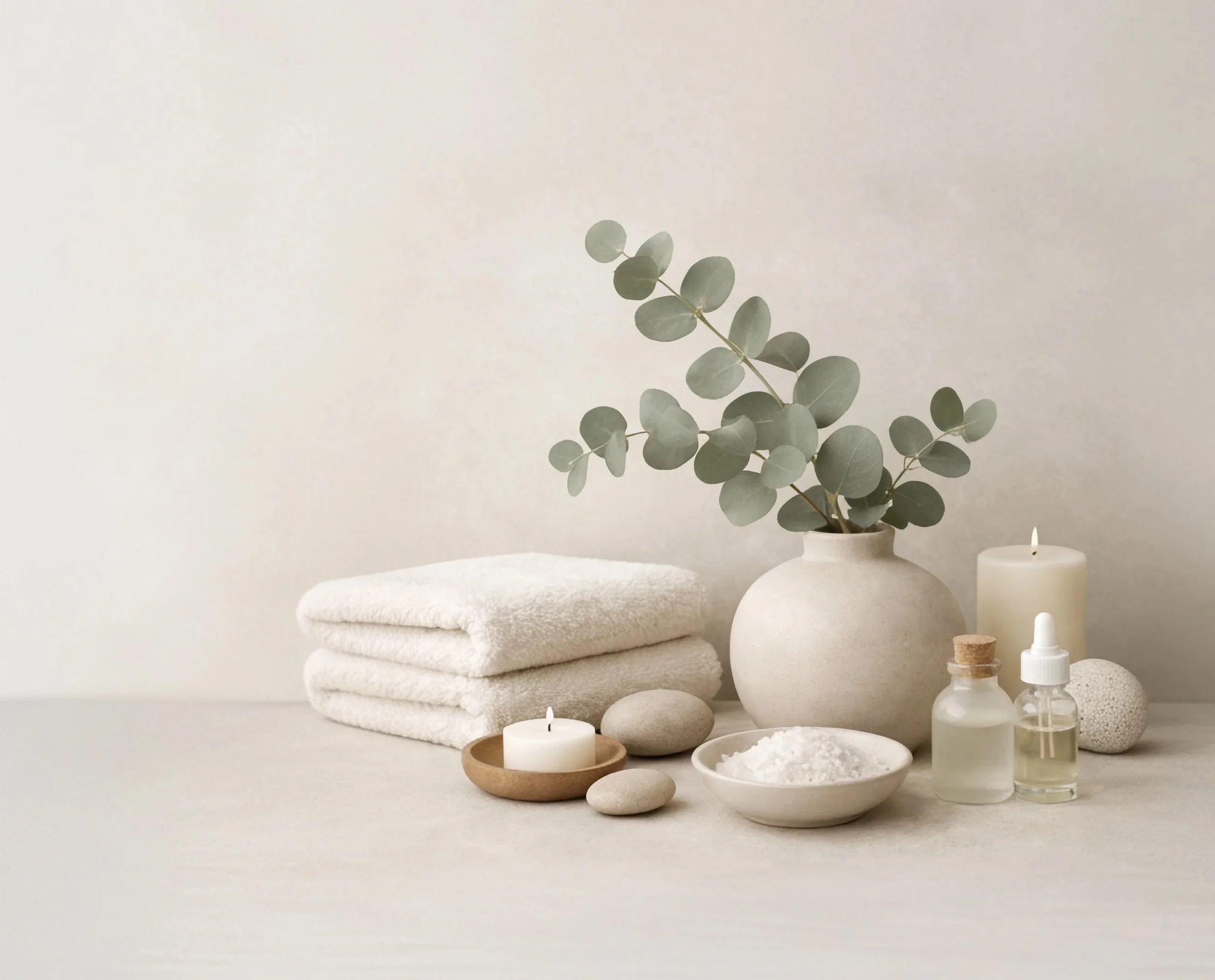 A minimalist spa or wellness setting with a white background, featuring white towels, candles, stones, and a vase with eucalyptus branches, creating a calming atmosphere.