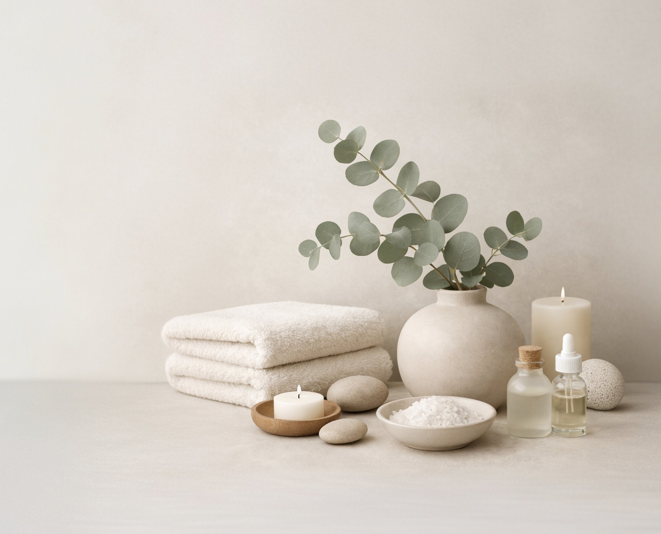 Minimalist spa or wellness setting with folded white towels, green eucalyptus branches in vases, white candles, and skincare bottles on a light background.