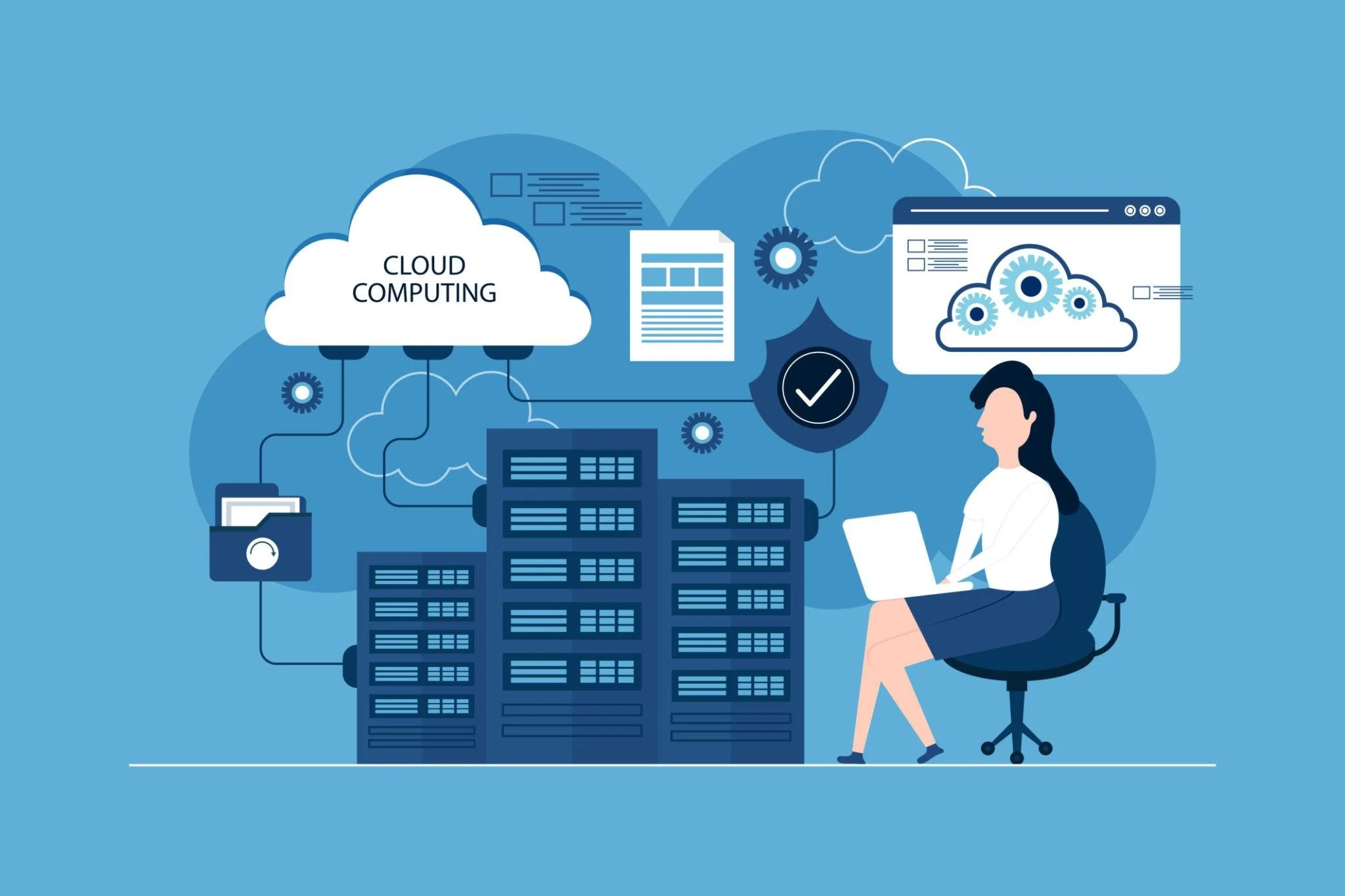 Illustration of cloud computing concept with a woman sitting on a chair using a laptop, surrounded by clouds, servers, gears, and digital interfaces representing cloud technology.