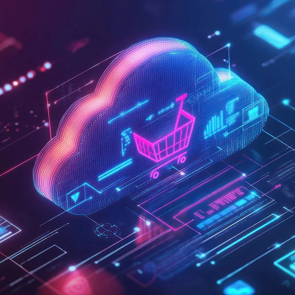A digital illustration of a cloud with a shopping cart icon, representing cloud-based e-commerce or online shopping, surrounded by futuristic digital graphics and holographic interface elements in blue and pink neon colors.