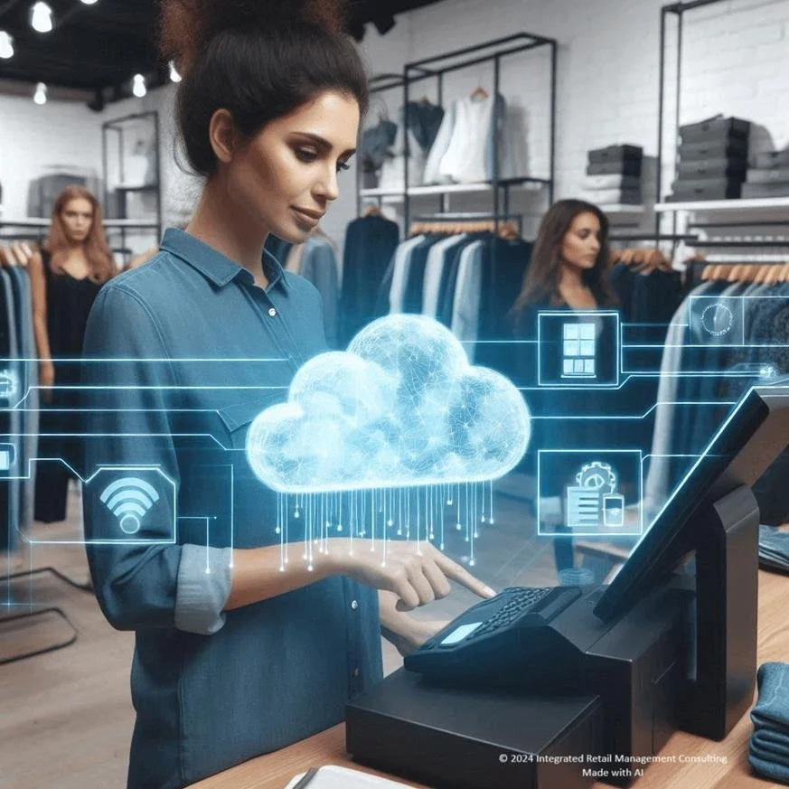 A woman shopping at a clothing store interacts with a digital display showing cloud computing and technology icons.