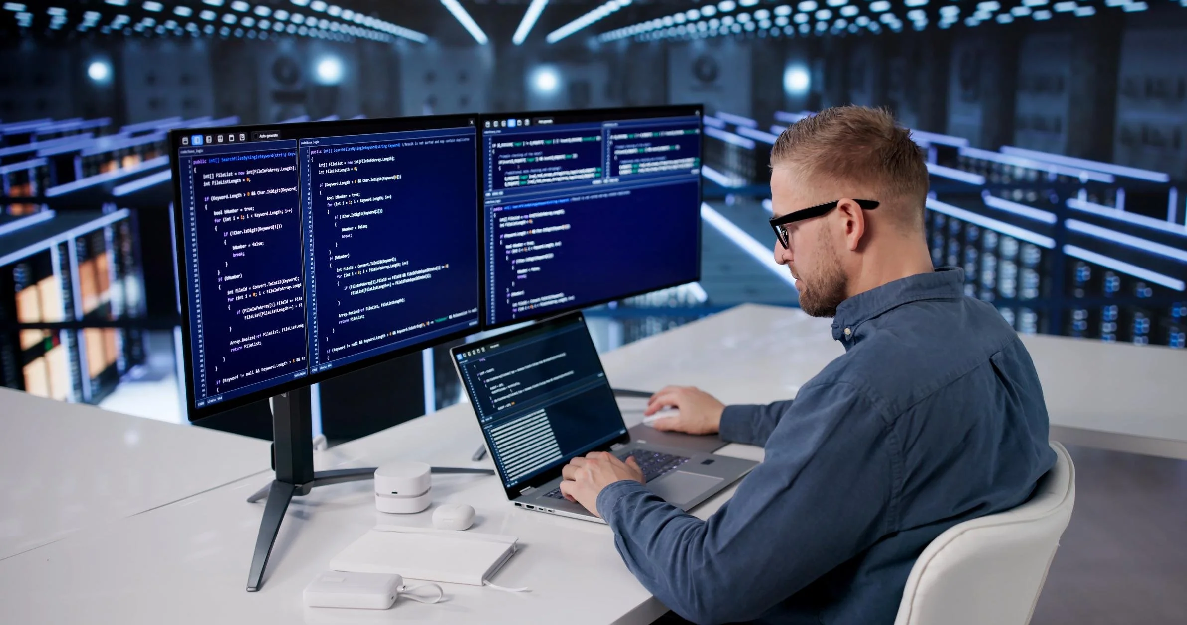 A man working on laptop with dual monitors displaying code, in a high-tech server room with blue LED lighting.