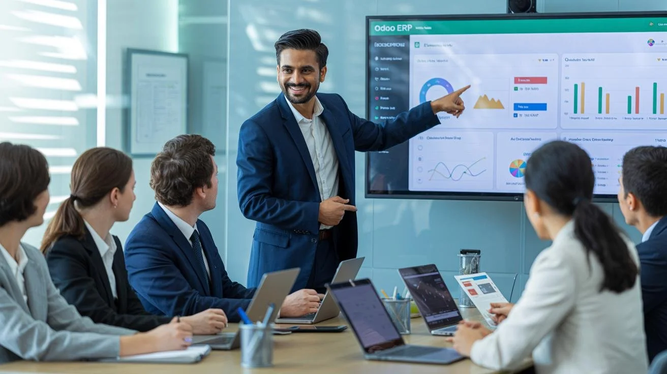 Business professional giving a presentation on a large screen in an office conference room to colleagues taking notes on laptops and tablets.