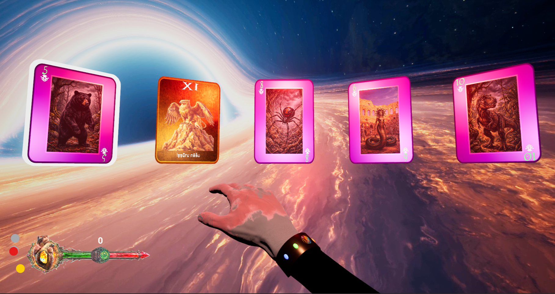 Virtual reality scene with five tarot cards floating in space. The cards show various mystical and animal images including a bear, an eagle, a spider, a snake, and a tiger. A hand is reaching out towards the cards, and a user interface with health and magic levels is visible at the bottom.