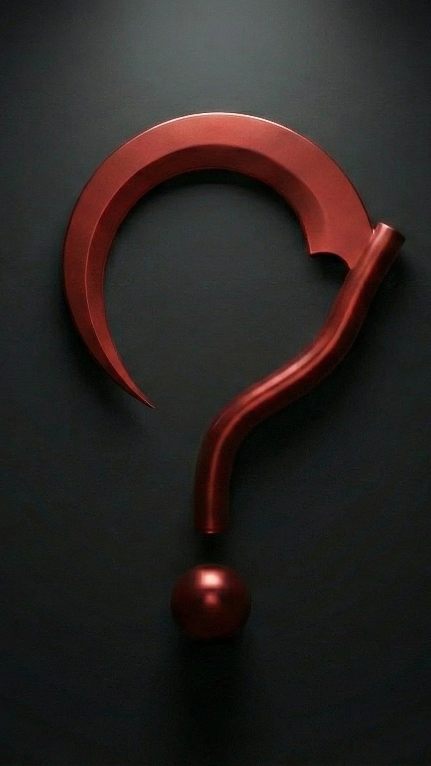 A metallic red question mark sculpture on a dark background.