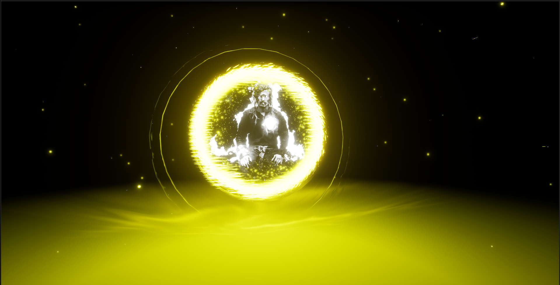A glowing yellow and white portal with a man standing inside it, surrounded by luminous sparks and a dark background.