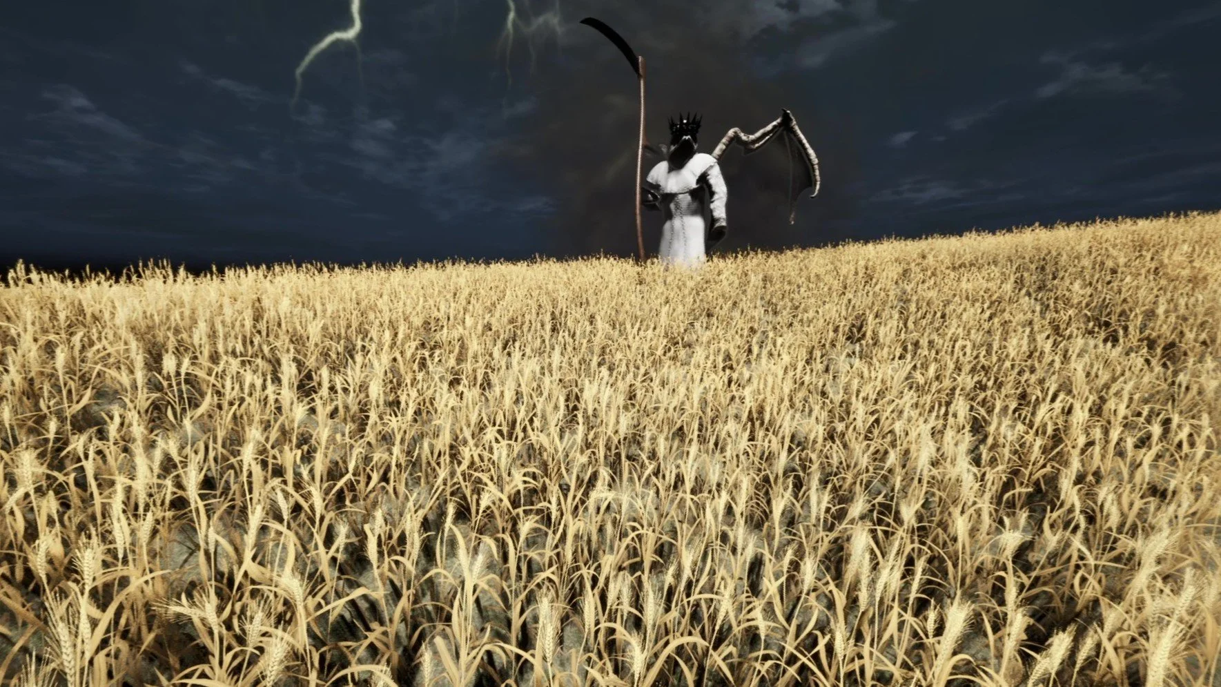 A scarecrow with a black crown and dark wings stands in a wheat field under a dark, stormy sky with lightning.