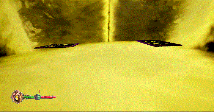 First-person perspective of a video game screen showing a yellow, yellowish environment with a trail of energy, and a weapon at the bottom left, inside a cavern or tunnel with two dark objects at the top.