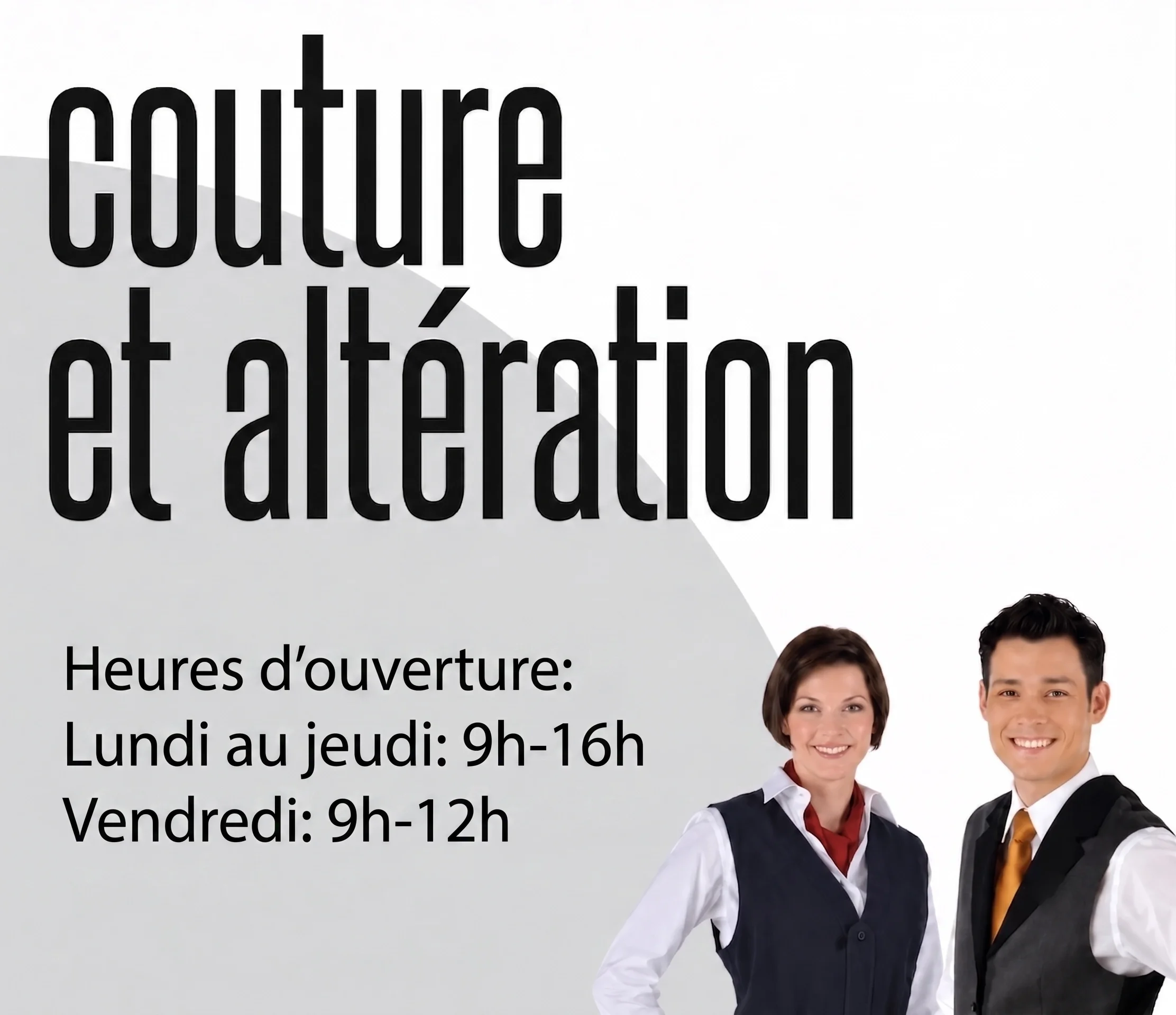 Horaires d'ouverture affichés : Lundi au jeudi 9h-16h, Vendredi 9h-12h, avec une photo de deux personnes souriantes, une femme et un homme, portant des vêtements professionnels.