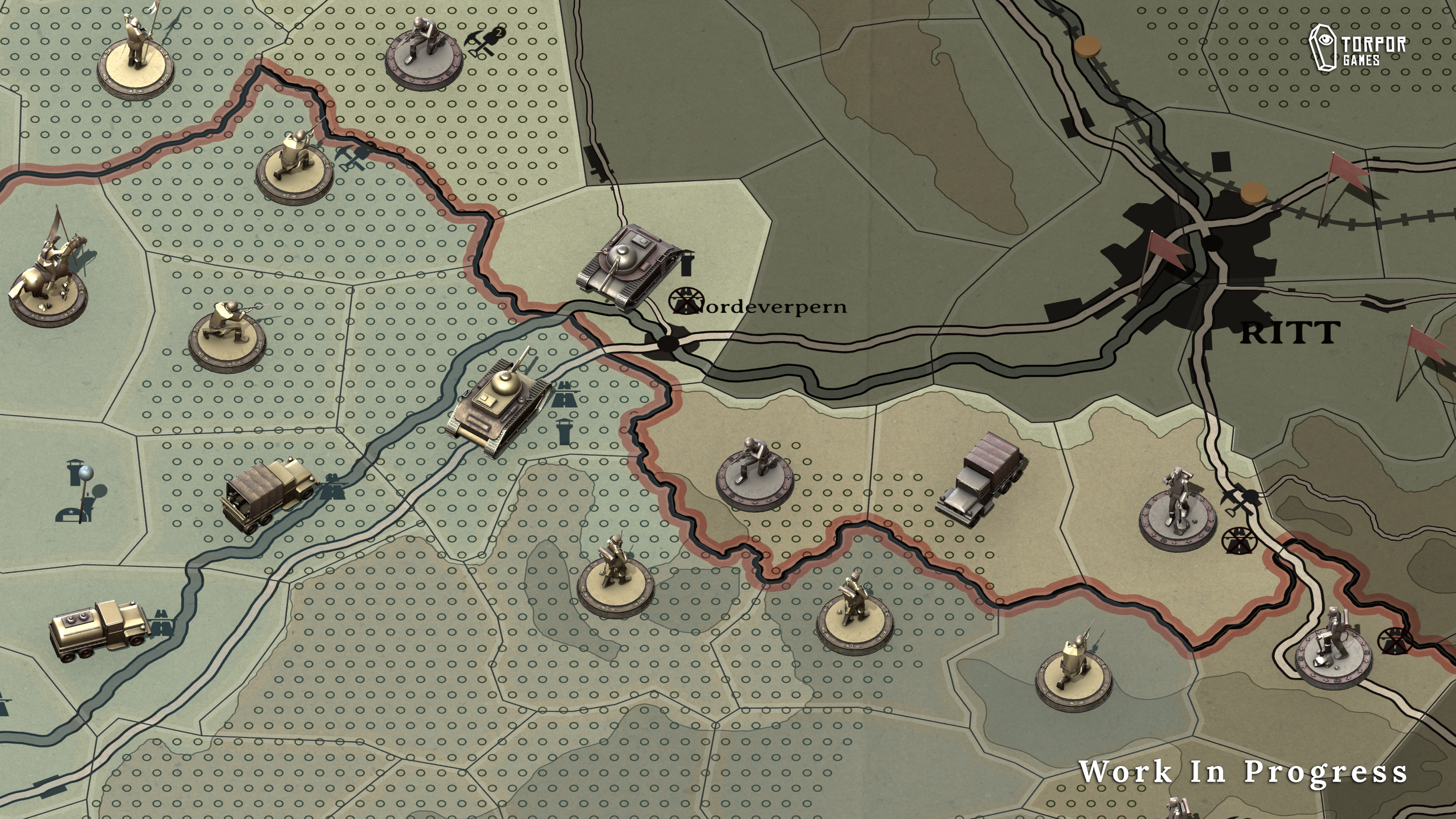 A strategy board game with miniature military units, tanks, and vehicles on a map with roads, borders, and terrain features, depicting a work-in-progress game setup.