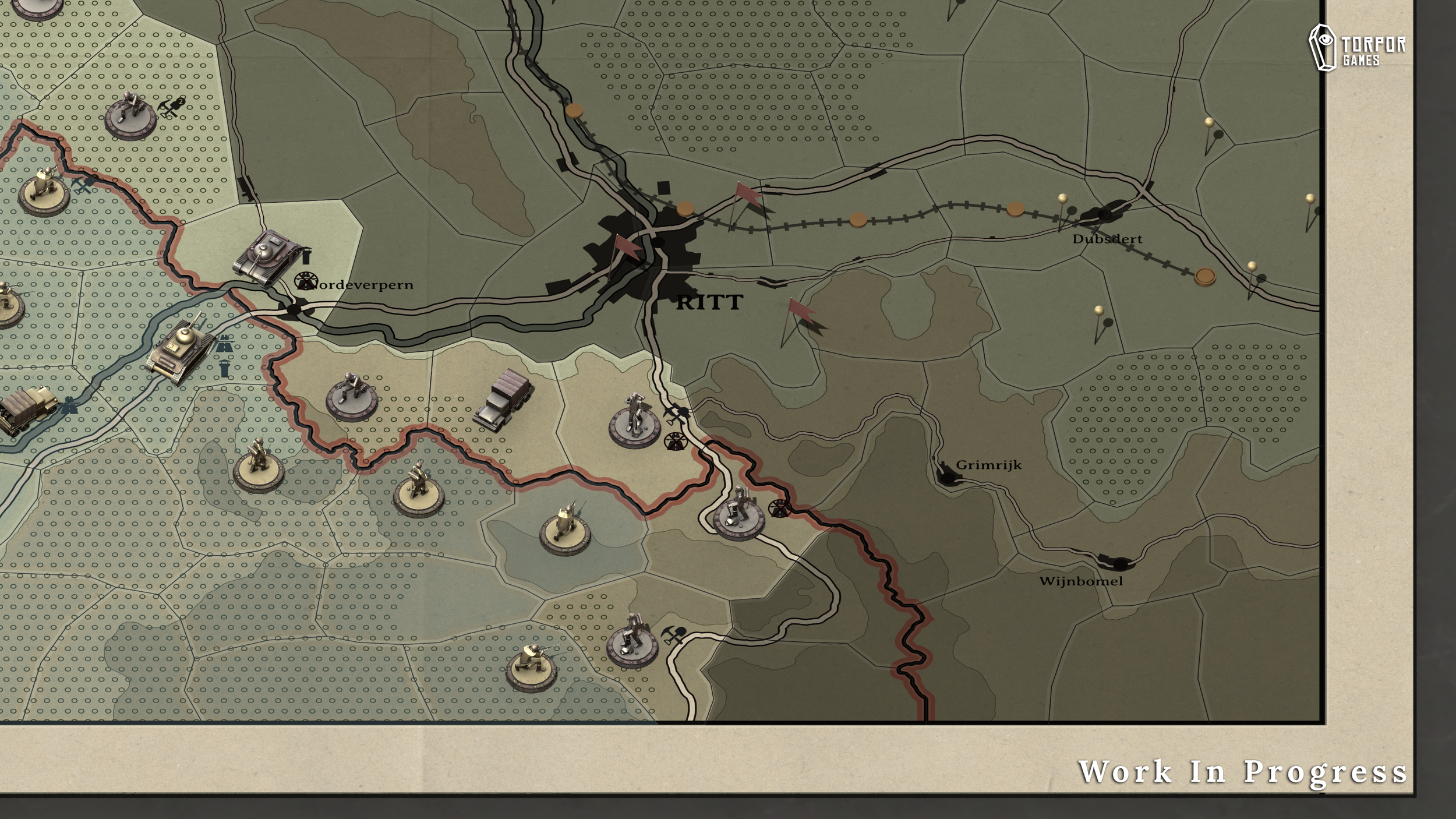 A detailed map from a strategy board game showing various terrains, roads, and military units positioned around a city labeled 'Ritt'. The map includes hexagonal grid patterns, rivers, and multiple markers indicating different game elements, with a 'Work In Progress' label at the bottom right.