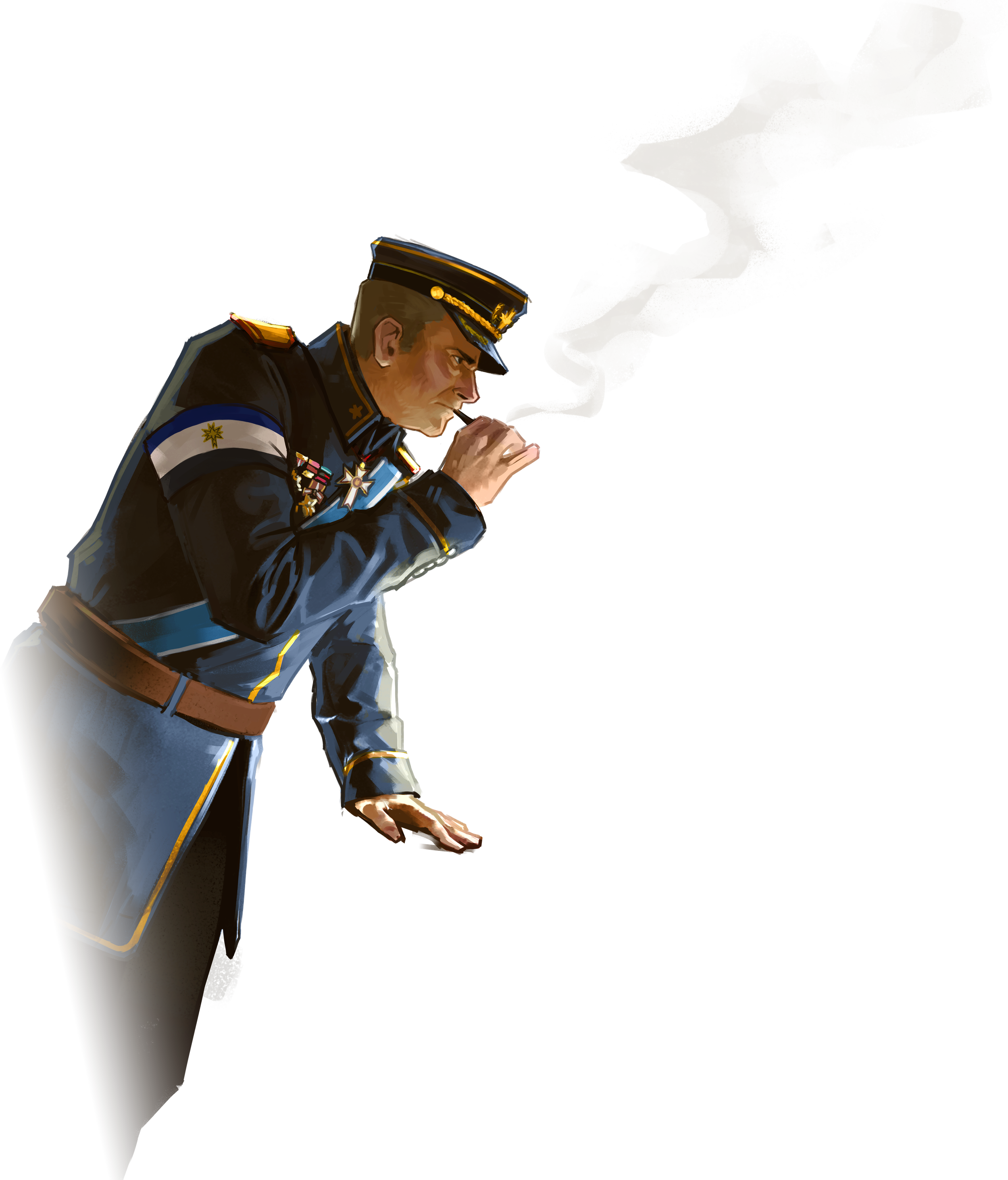 Illustration of a Rumburgian General in a military uniform smoking a cigarette, with smoke rising from his hand, wearing a decorated hat and a dark coat with gold accents.