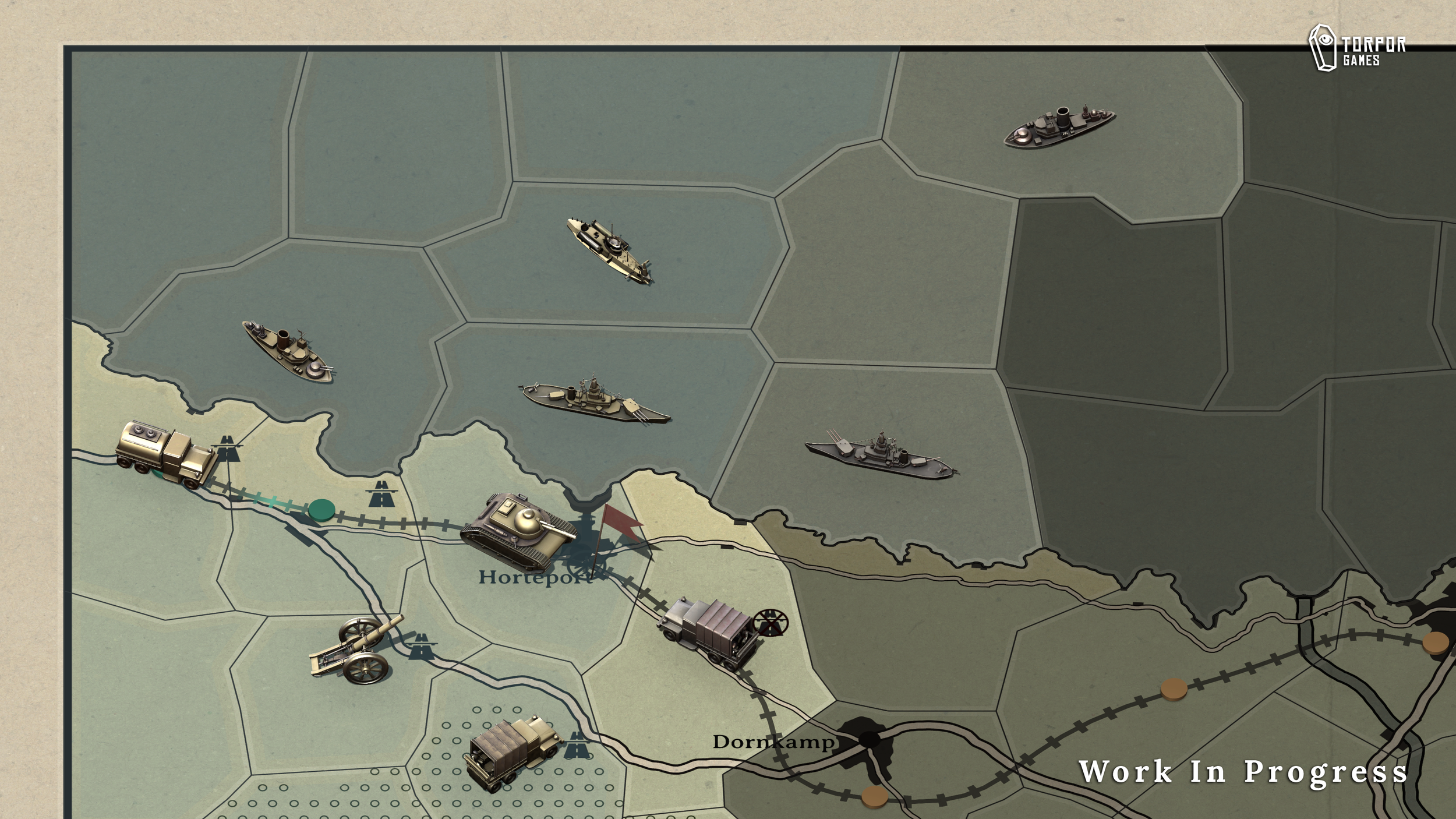 Digital map with military vehicles including ships, tanks, and artillery on a hexagonal grid with some areas marked as 'Work In Progress'.