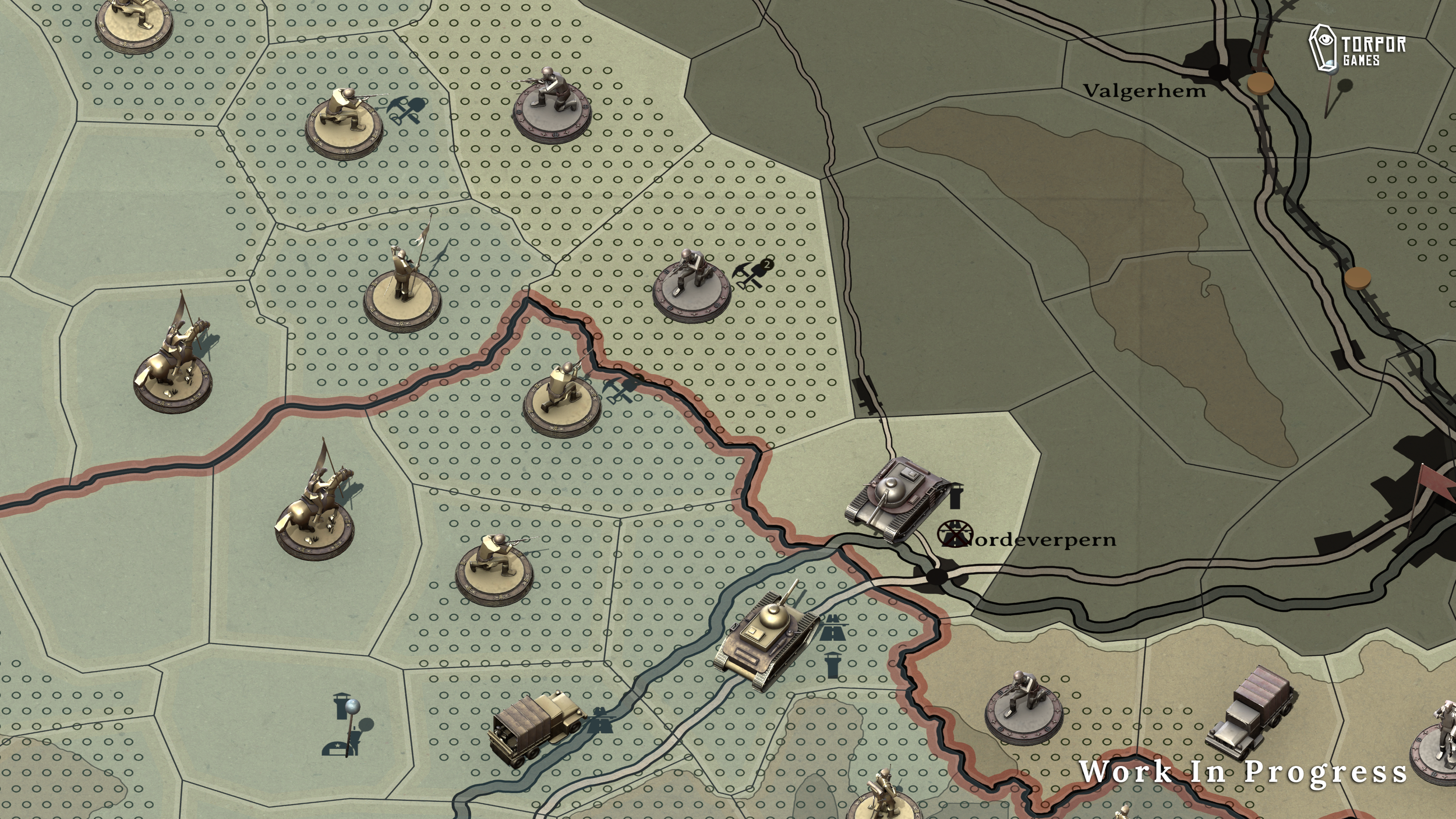A strategic war game board featuring hexagonal tiles, miniature military figures including soldiers and tanks, and a map with various terrains and color-coded lines representing different territories and routes. The scene also shows a work-in-progress message.