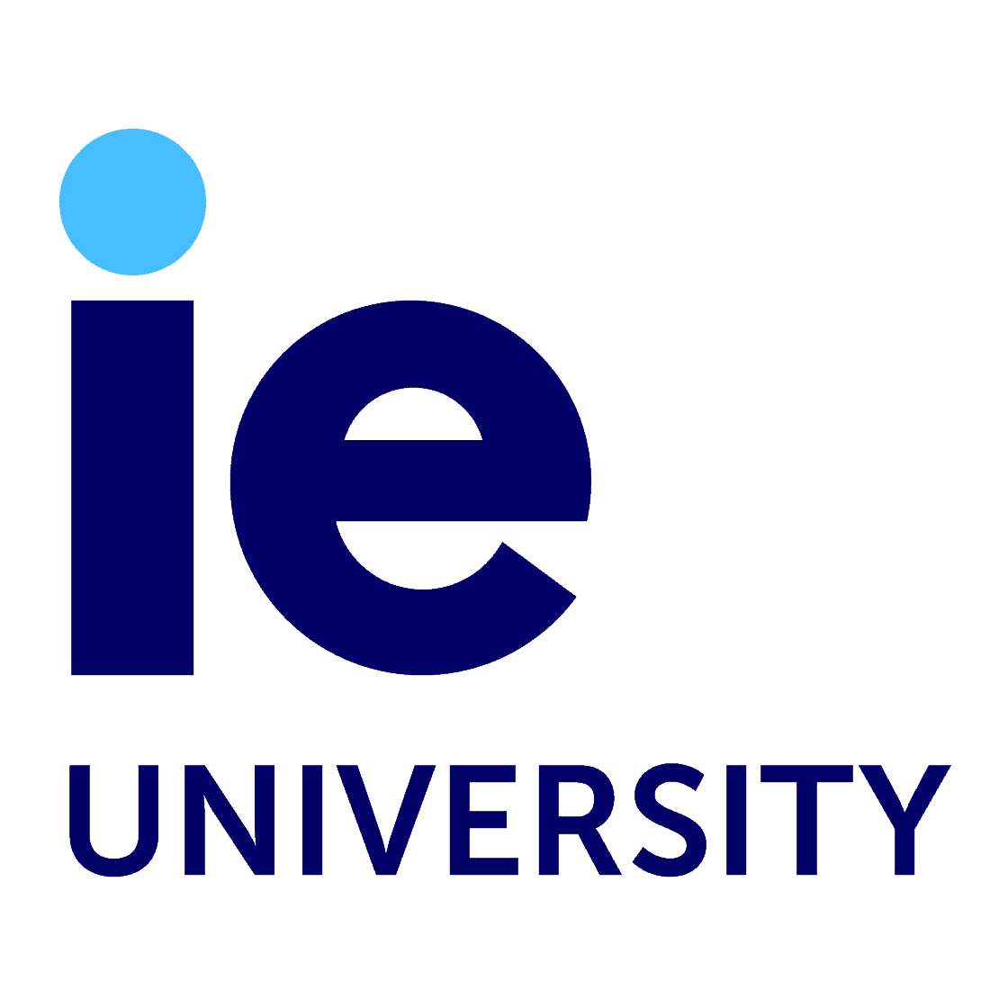The logo of IE University features the lowercase letters 'ie' in dark blue and a light blue circle above the 'i'. Below, the word 'UNIVERSITY' is written in uppercase dark blue letters.