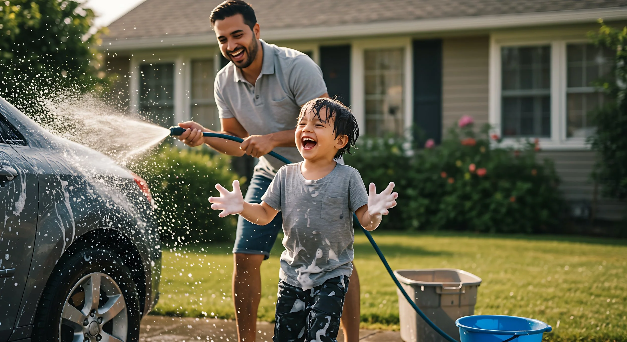 A man and a young boy washing a car together in a driveway, with water splashing and both smiling happily.