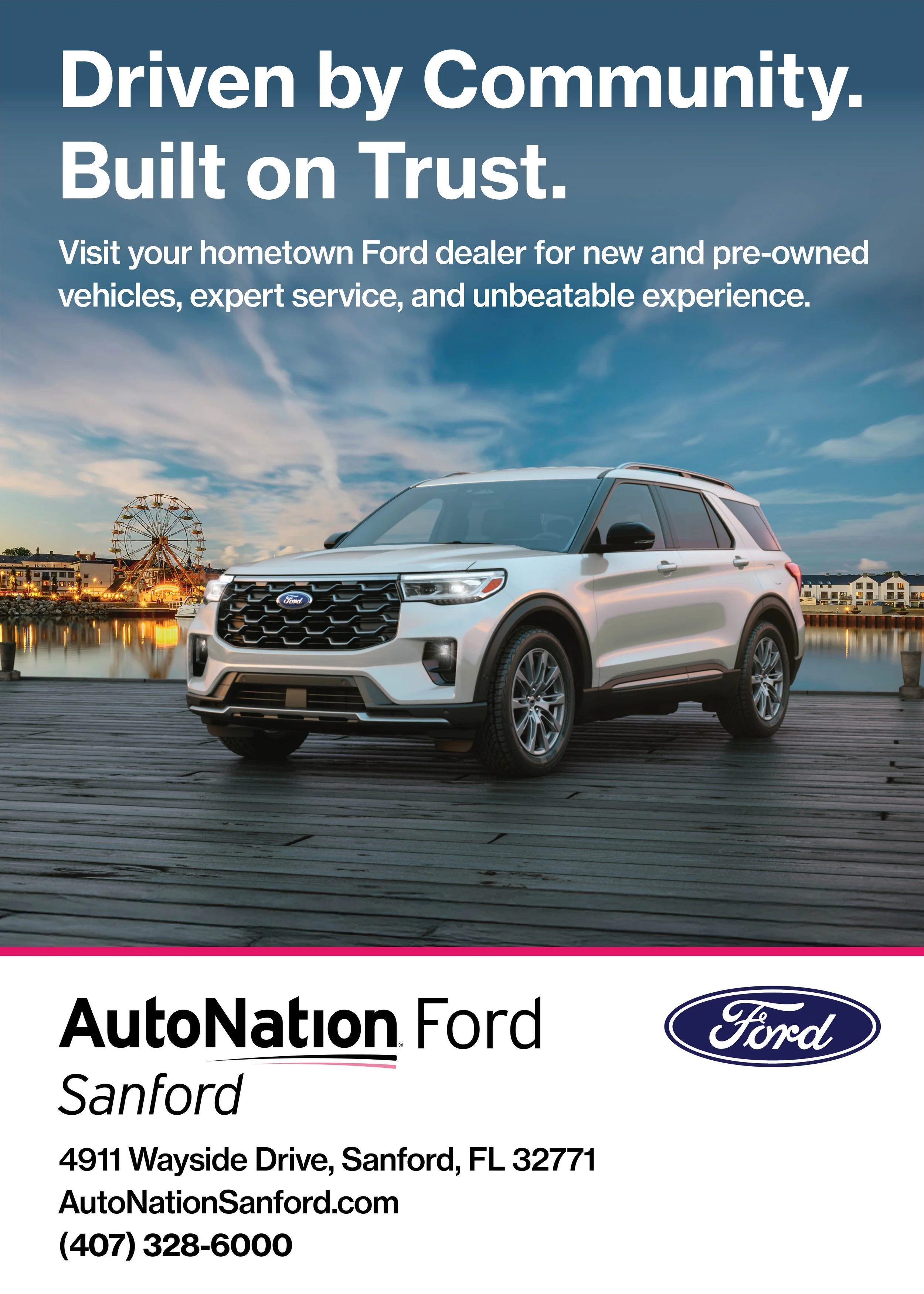 A white SUV parked by a wooden dock with a river, ferris wheel, and buildings in the background during sunset. Overlaid text advertises AutoNation Ford in Sanford, Florida.
