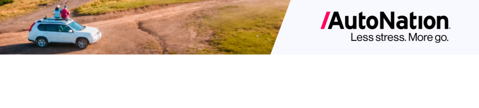 An AutoNation banner showing a police SUV on a dirt road with grassy terrain, and the slogan 'Less stress. More go.'