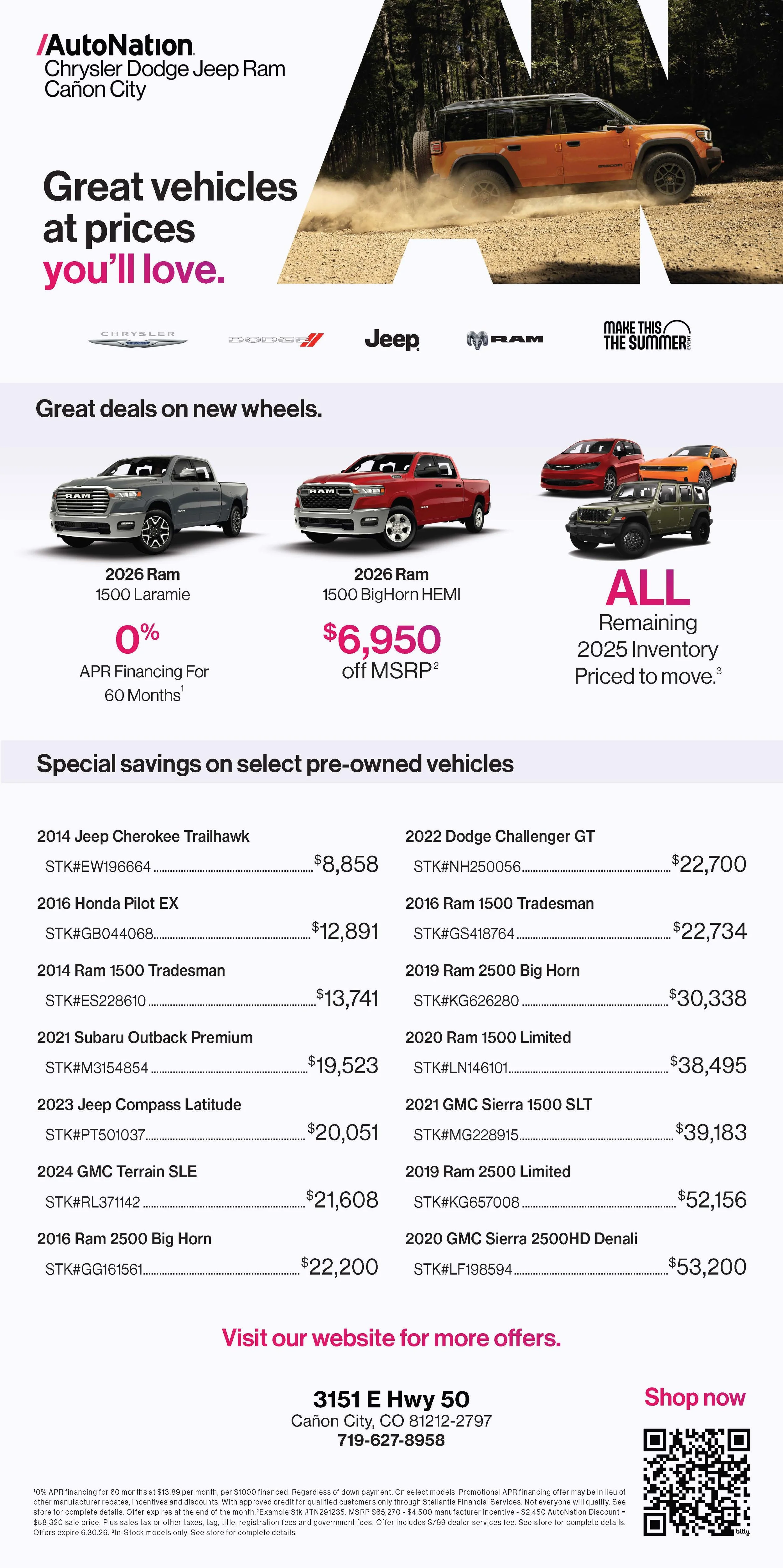 Advertisement for AutoNation showcasing various vehicles and special deals on new and pre-owned cars at a dealership in Cañon City, Colorado.