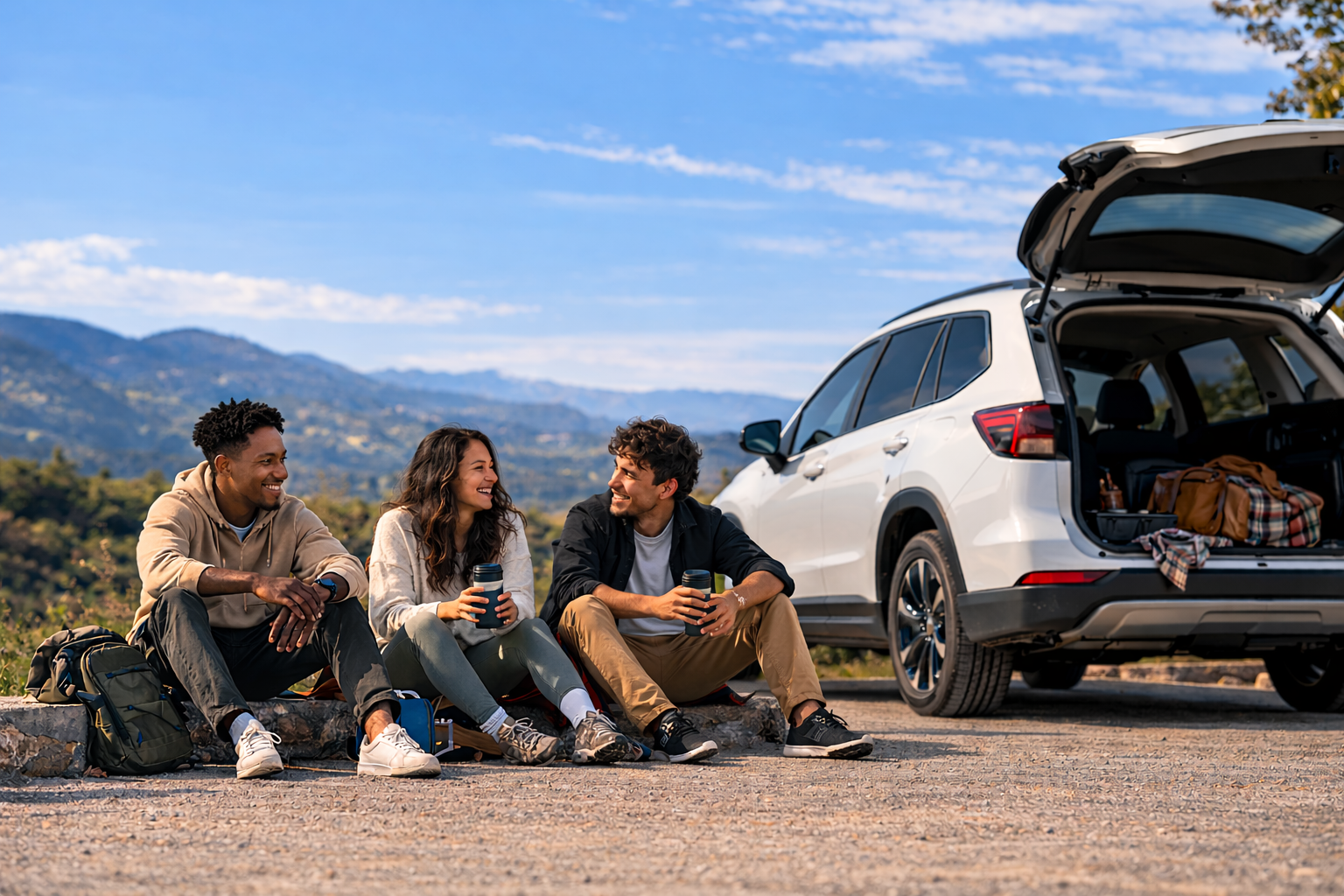 Three friends sitting on a roadside during a road trip, smiling and talking, with a white SUV and mountains in the background.